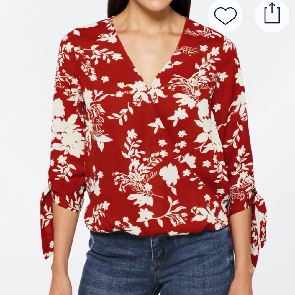 West Kei Red Floral V-Neck Tie-Sleeve Blouse